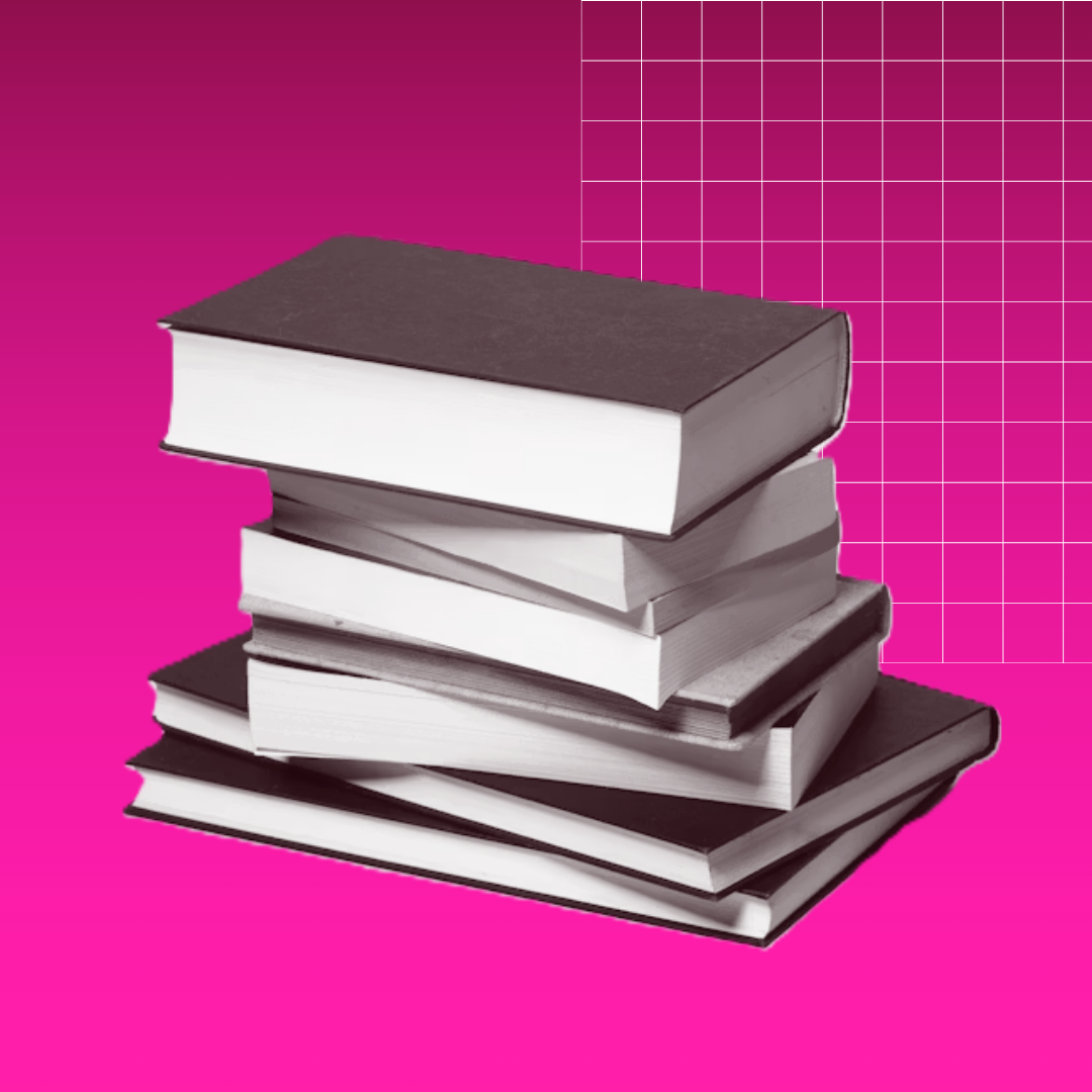 A slightly off-center stack of books turned to obscure the spines. They are isolated in a deep magenta background.