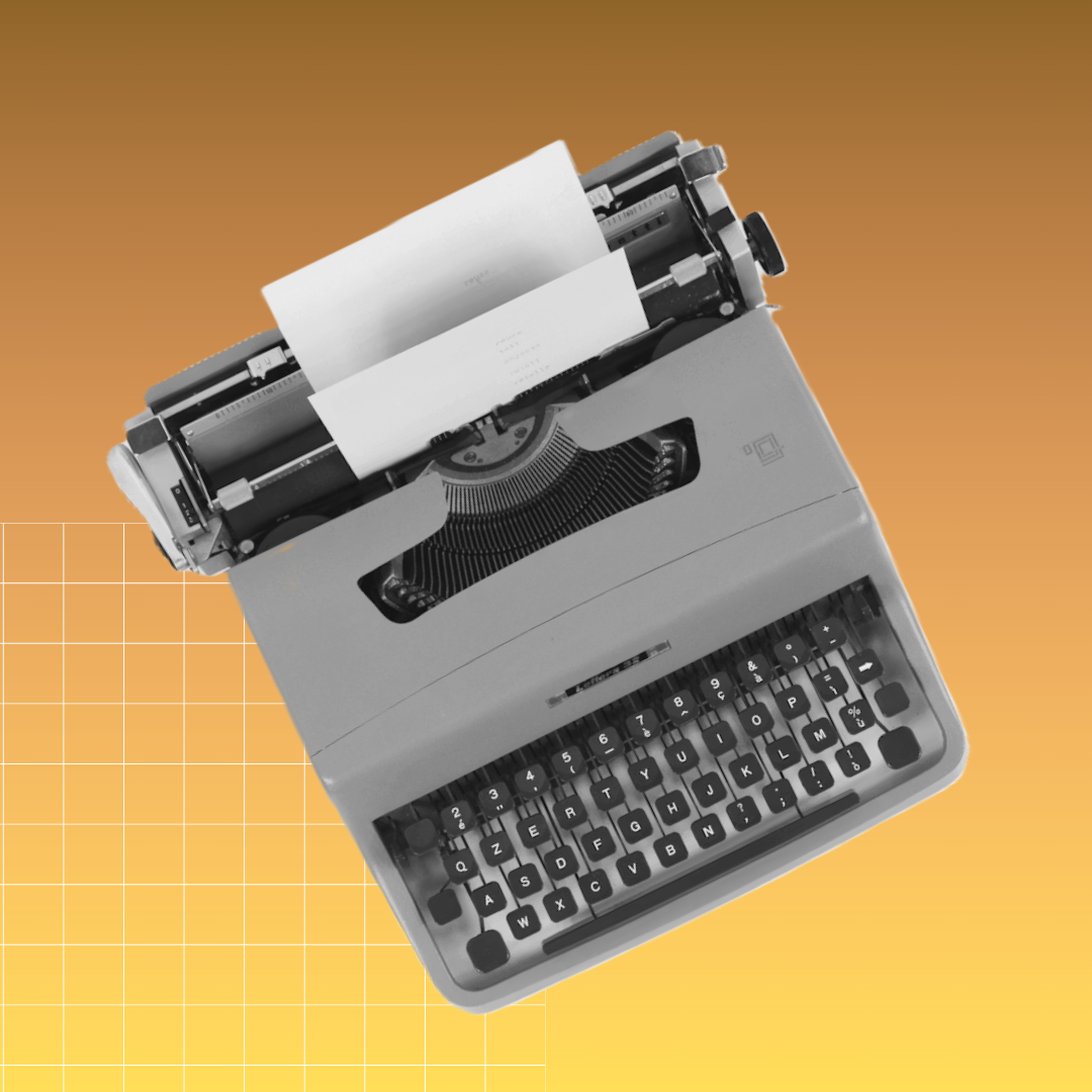 A vintage typewriter with a gray body and black detailing, holding a sheet of blank white paper. It is isolated in a vibrant yellow background.